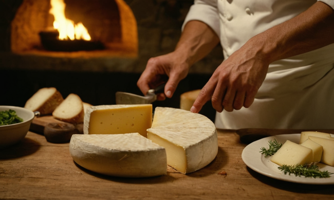 Un plato tradicional de queso español es cuidadosamente preparado por un chef en un entorno rústico.