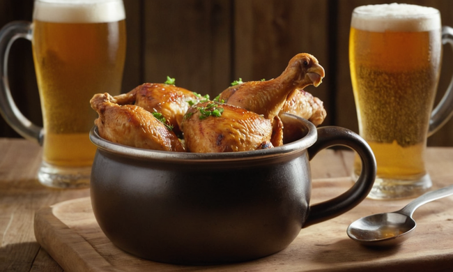 Un plato de pollo jugoso que se sirve en una taza de cerveza caliente con una cuchara y un fondo rústico.