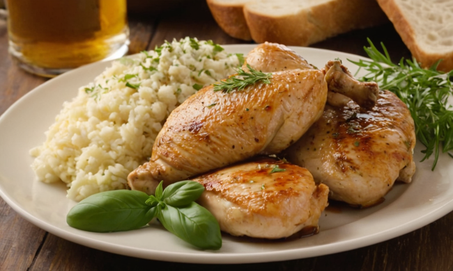 Un plato de pollo jugoso cocinado en cerveza, servido con un lado de pan y adornado con hierbas frescas.