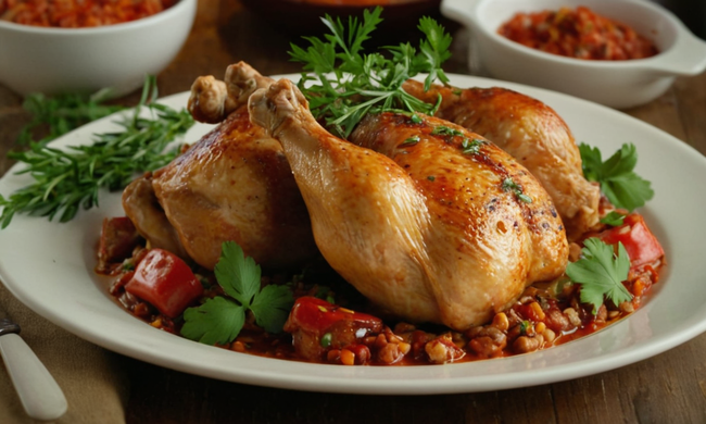 Un plato de pollo deslumbrante en un plato, adornado con hierbas frescas y un toque de chili.