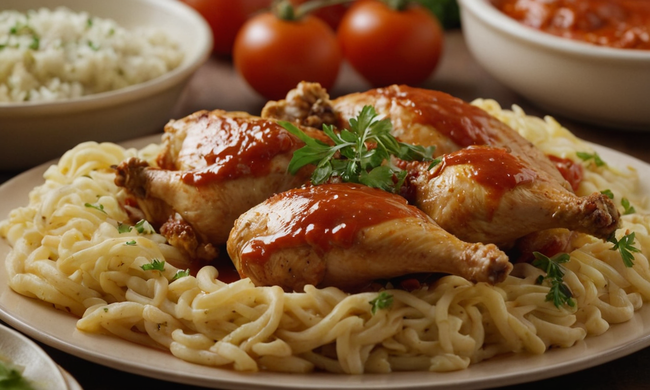 Un plato de platos de pollo salados servido con una rica salsa tomate.