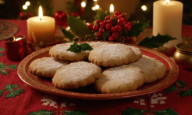Un plato de tradicionales galletas mexicanas polvorones en un mantel festivo con velas y holo.