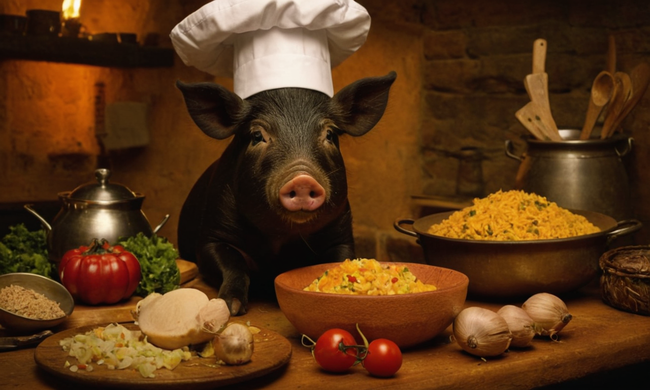 Cabeza de cerdos rústicos con sombrero de chefs, rodeado de ingredientes y utensilios tradicionales españoles.