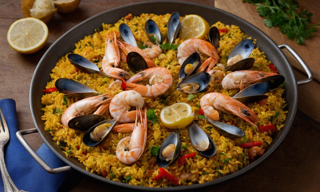 Un colorido plato de paella de mariscos con utensilios y pasos de receta mostrados en una tableta.