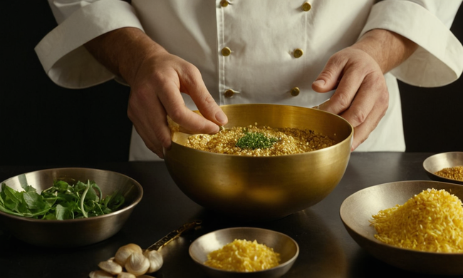 Las manos de un chef sostienen un tazón de salmorreta de color dorado, con ingredientes y utensilios cercanos.
