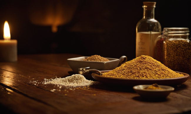 Ingredientes aromáticos en una mesa de madera, con un efecto de iluminación dramático.