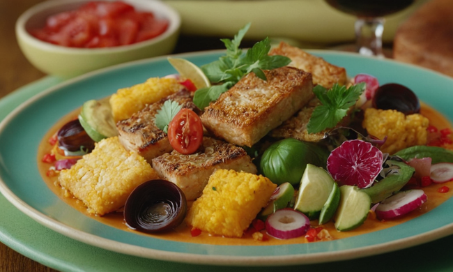Un plato colorido de Salmorretas plato de firma con varios adornos.