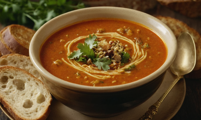 Un cuenco cálido de sopa de colores ricos con pan crujiente y adornos dorados.