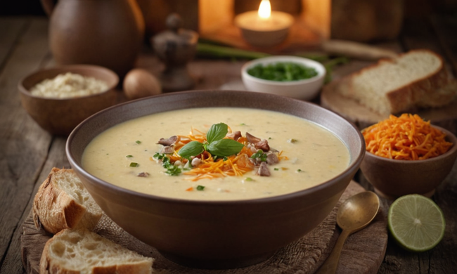 Un cuenco cálido de sopa cremosa con varios ingredientes en un fondo rústico de mesa.
