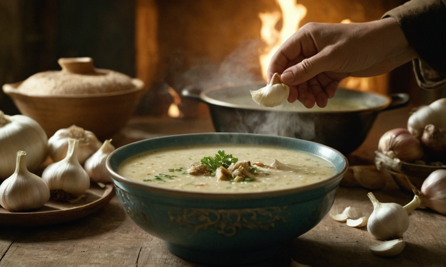 Una persona que sostiene un recipiente de vapor de sopa de ajo con un fondo de imágenes históricas.
