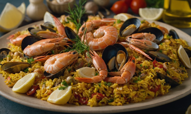 Un plato de paella de mariscos con varios mariscos e ingredientes dispuestos atractivamente.
