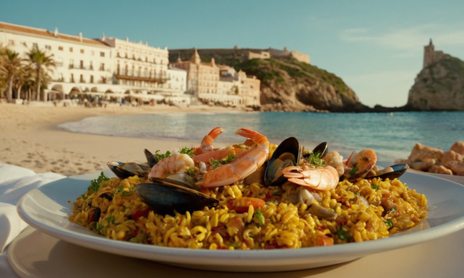 Se sirve un plato de paella de mariscos en un entorno junto a la playa con arquitectura española.
