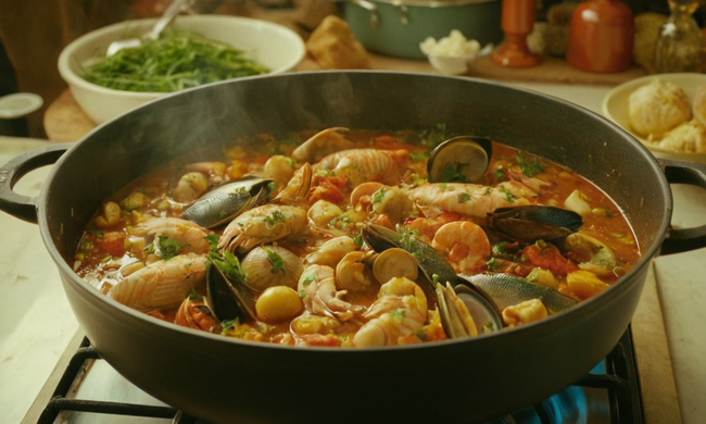 guiso de mariscos cocinado en una cocina vibrante y colorida con varios peces y mariscos.
