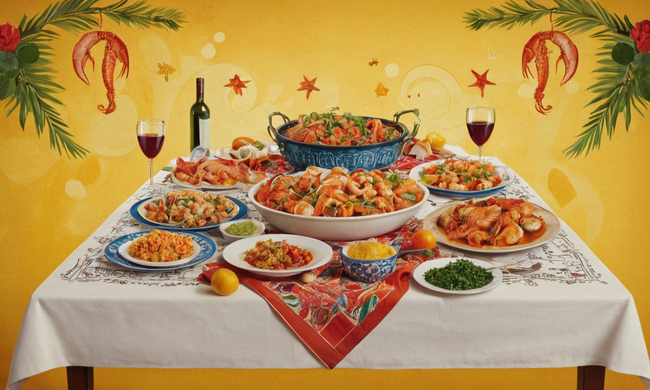 Una ilustración colorida de platos de mariscos sobre un mantel con notas musicales y decoraciones de inspiración española.