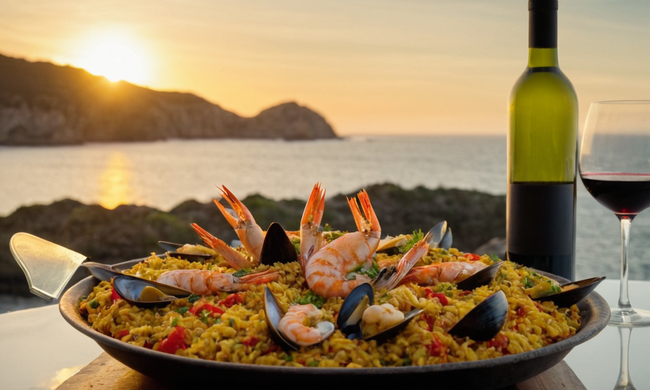 Se sirve un plato de paella de mariscos con una botella de vino y una vista costera.